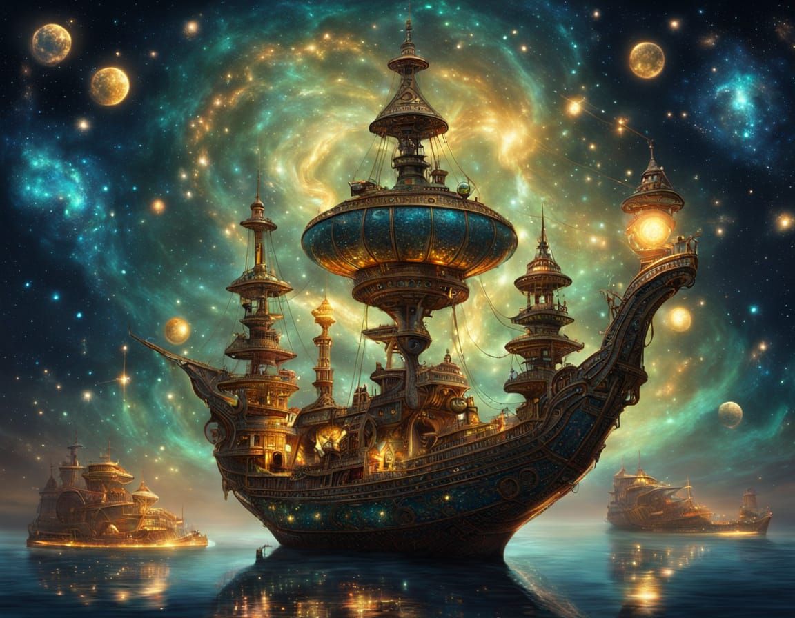 Bioluminescent Genie Lamp Ship in Epic Stardust Galaxy