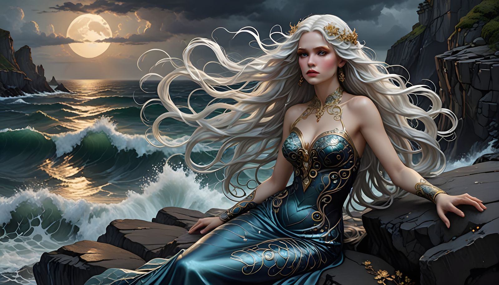 Mystical Mermaid on Stormy Coast in Art Nouveau Style