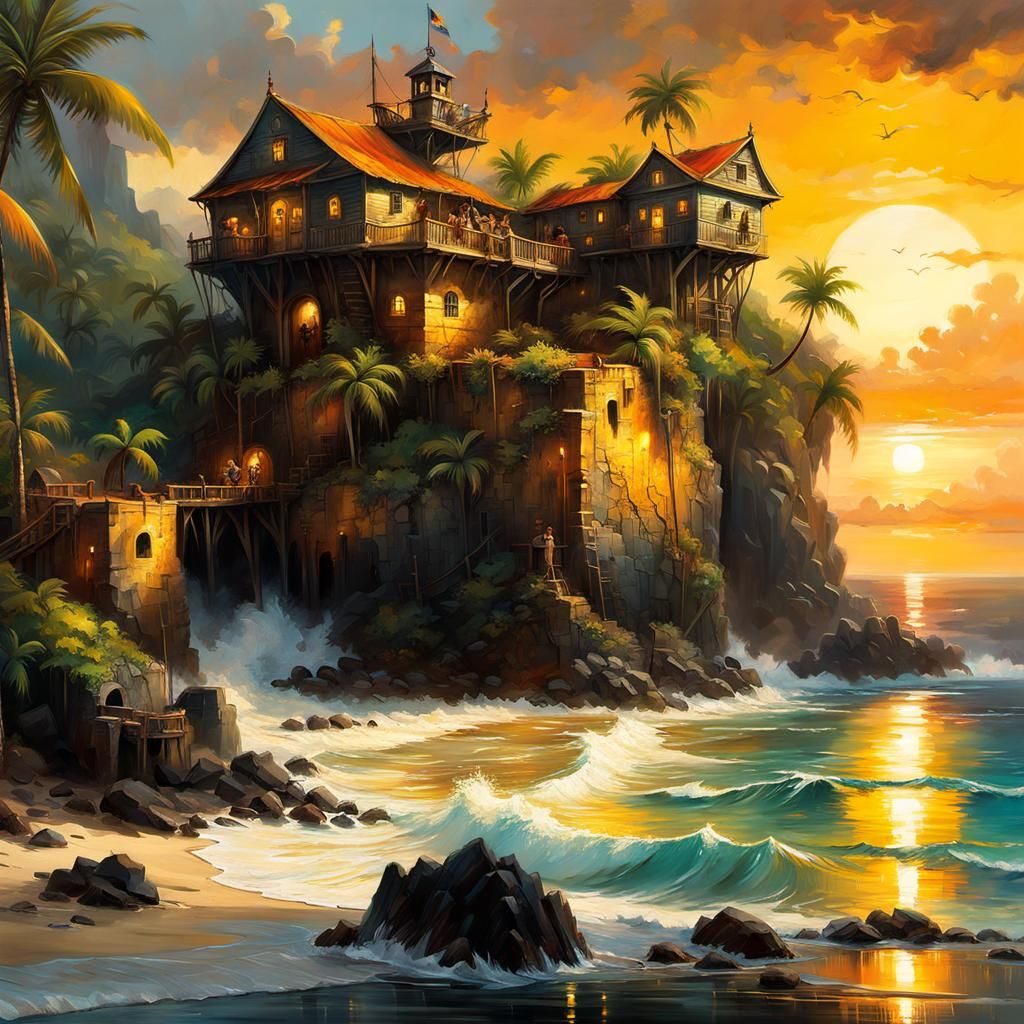 Pirate Stronghold on Caribbean Coast at Sunset