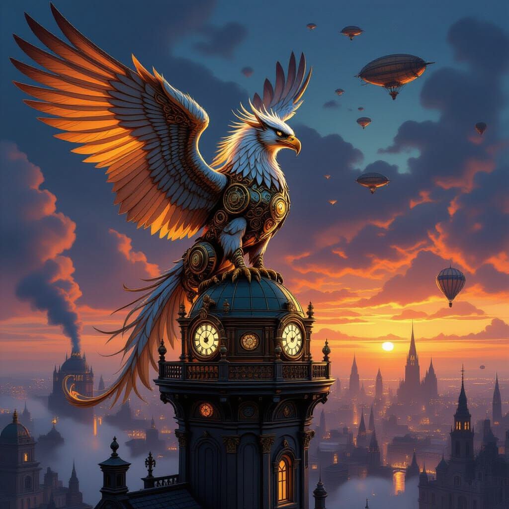 Clockwork Griffin Over Steampunk City at Twilight