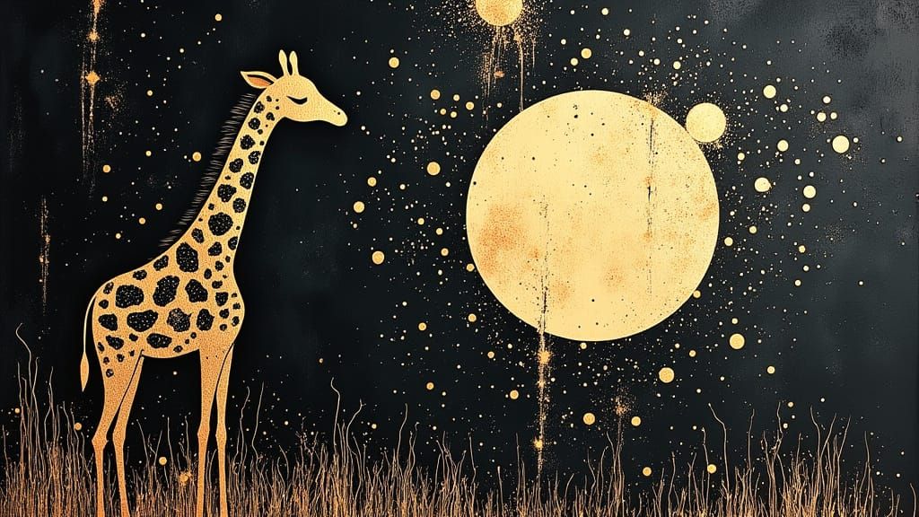 Realistic Giraffe Before Moon in Black and Gold