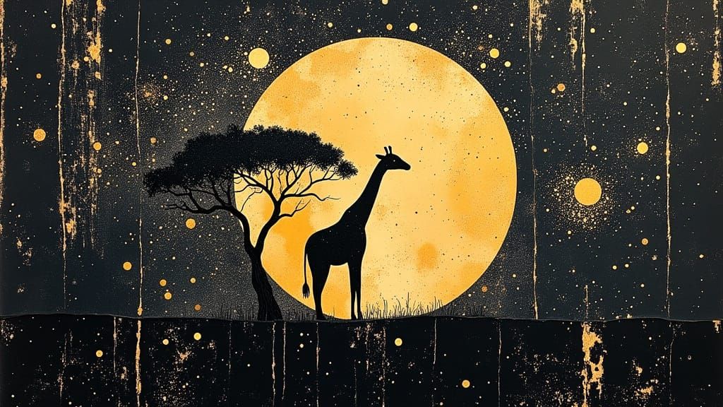 Realistic Giraffe Silhouette Before Moon in Black and Gold