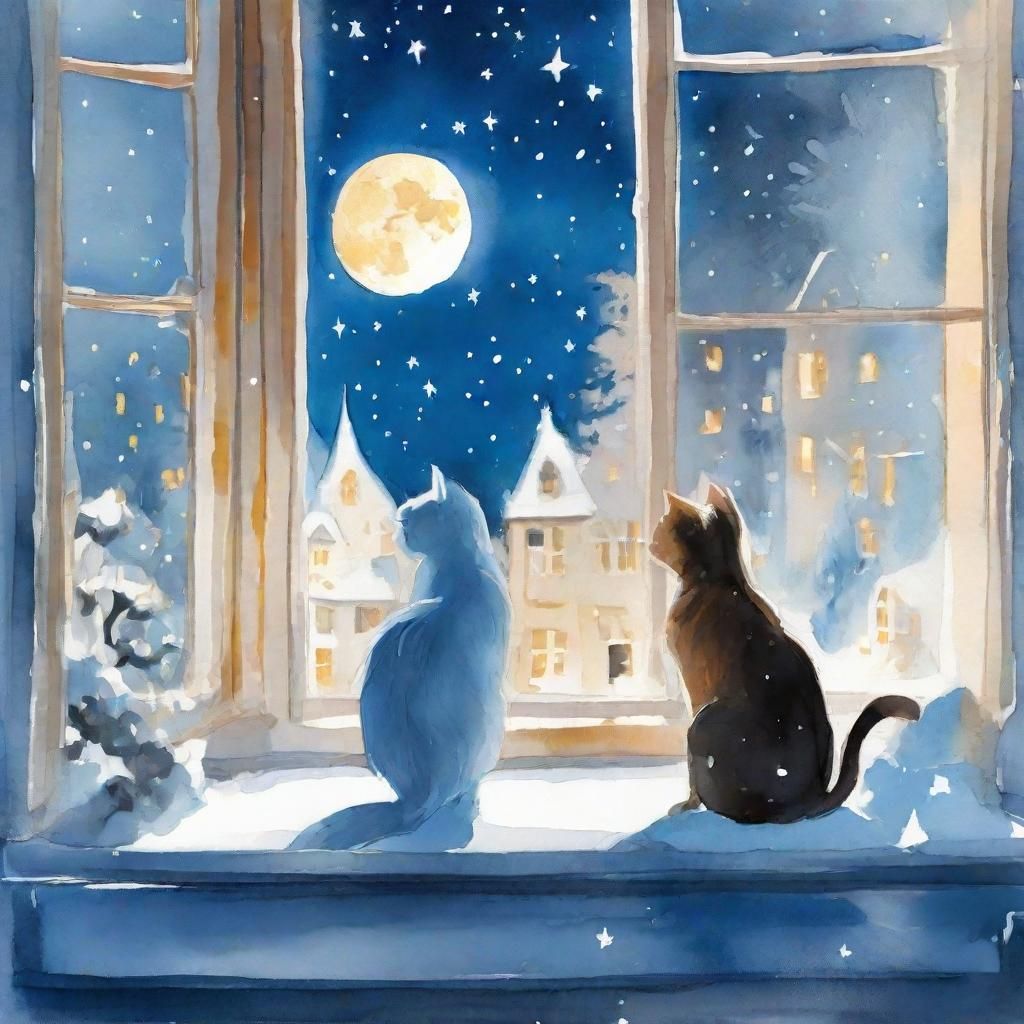 Whimsical Moonlit Winter Scene in Gouache