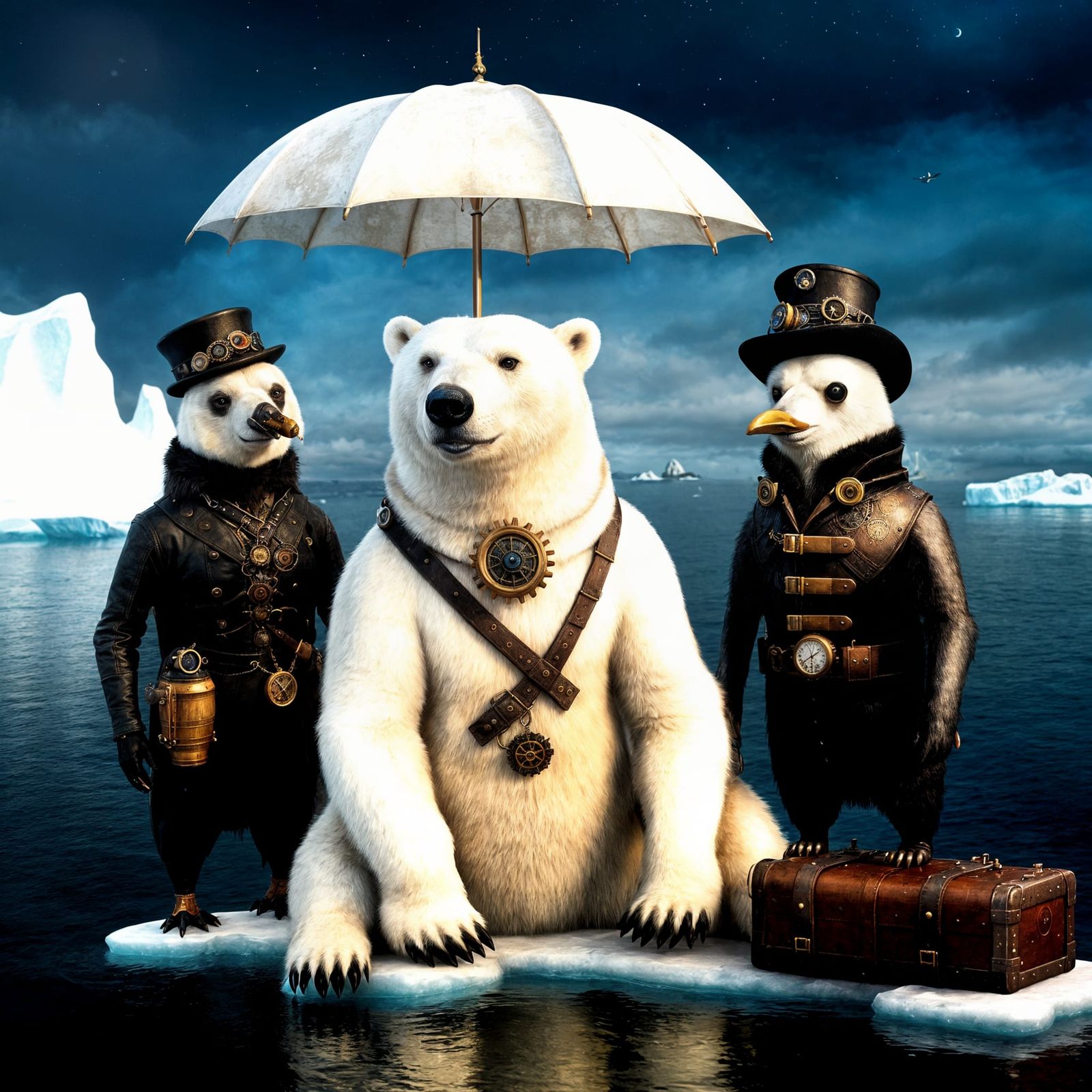 Steampunk Polar Bear and Penguins on Iceberg