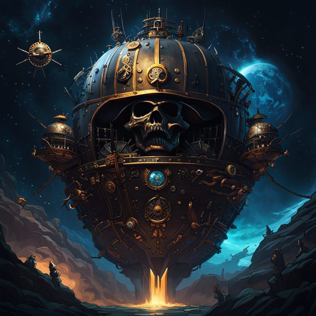 Space Pirates Jolly Roger Flag on Steampunk Spaceship