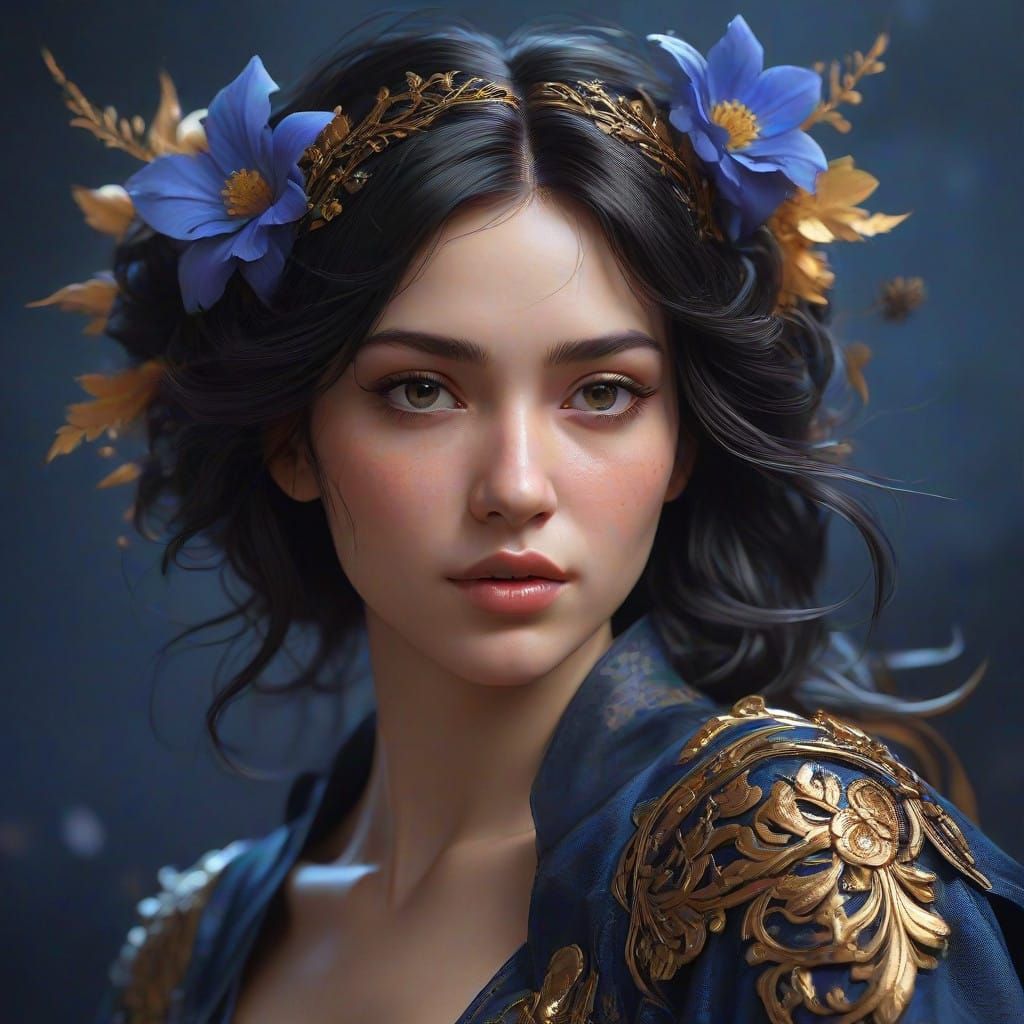 Mysterious Woman Amidst Black Flowers in Art Nouveau Style