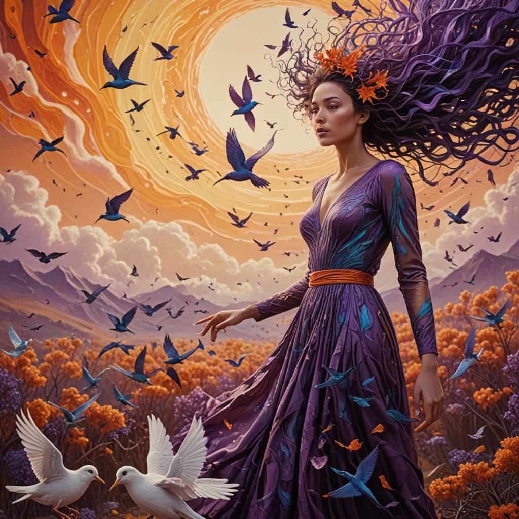 Woman Transforms into Birds Amid Cosmic Energy