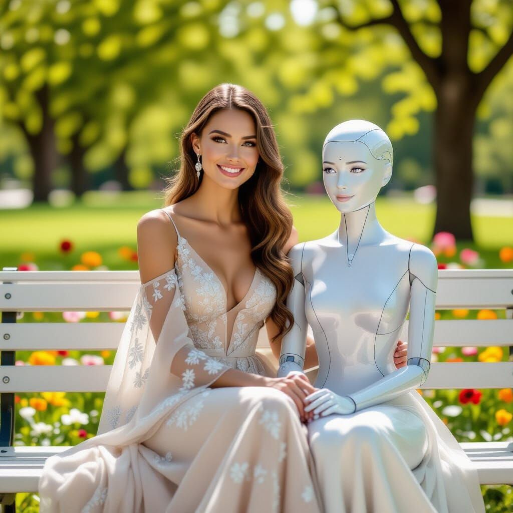 Elegant Woman and Android on Park Bench with Butterflies