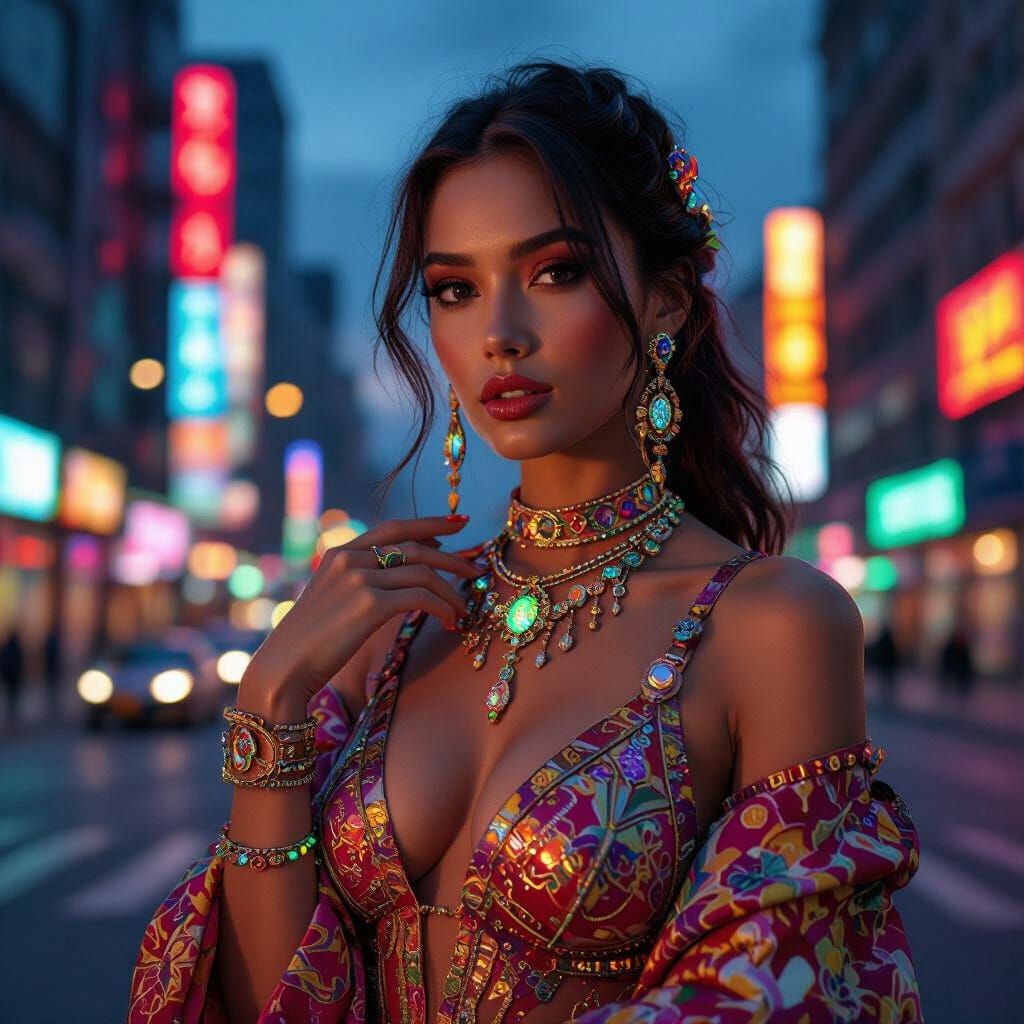 Hyperrealistic Woman in Neon Twilight