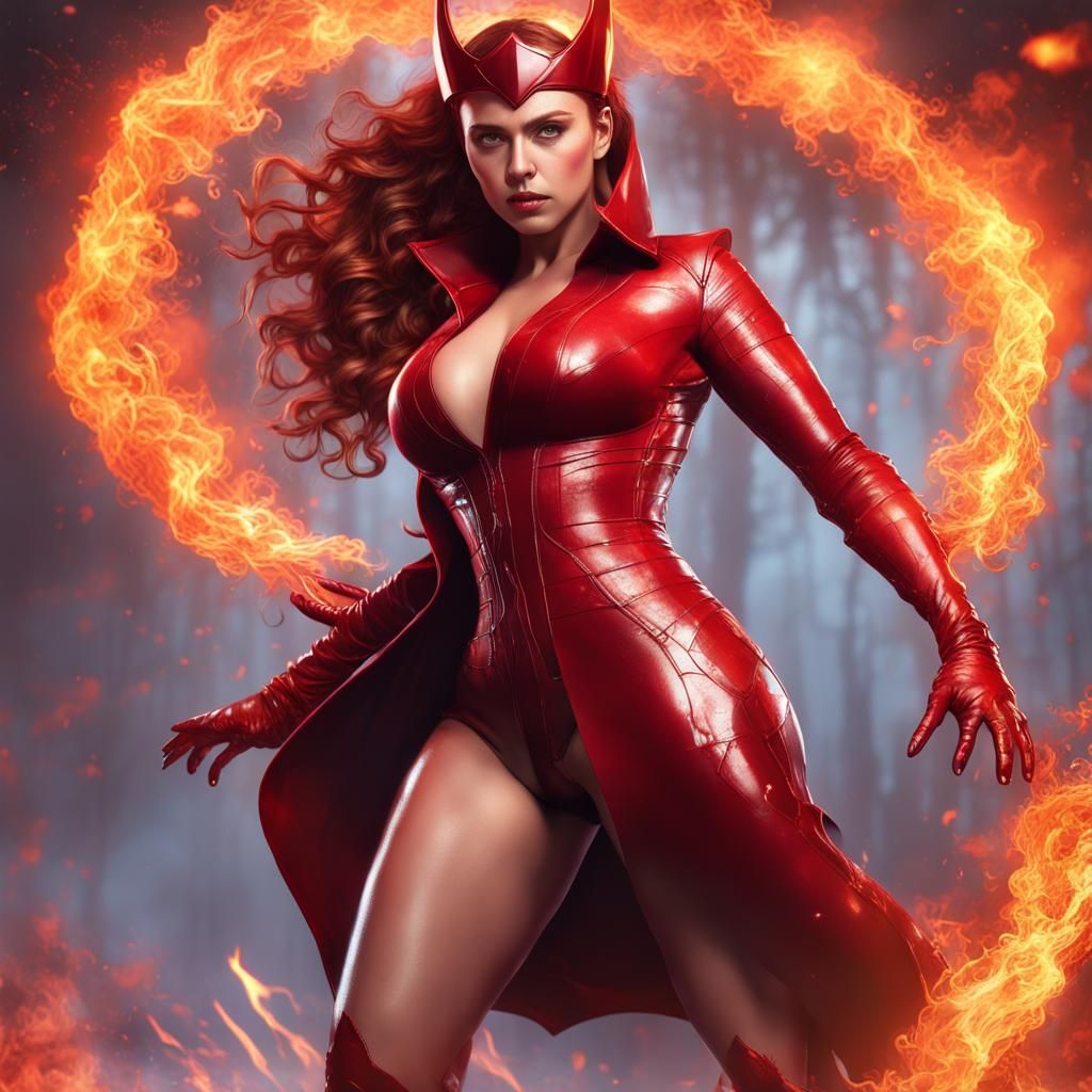 Scarlett Witch in Fiery Battle, Detailed Matte Painting