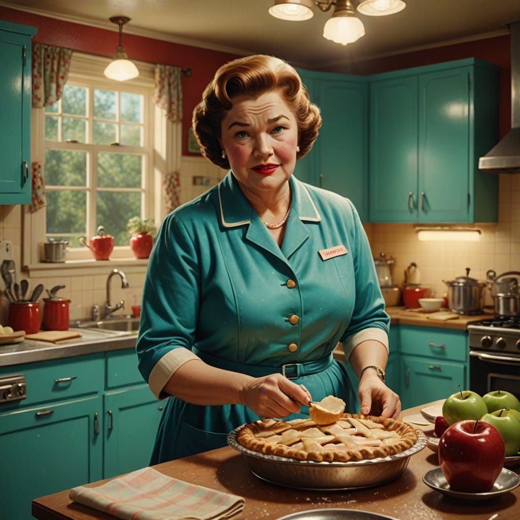 Baking Mom in Retro 1950s Kitchen