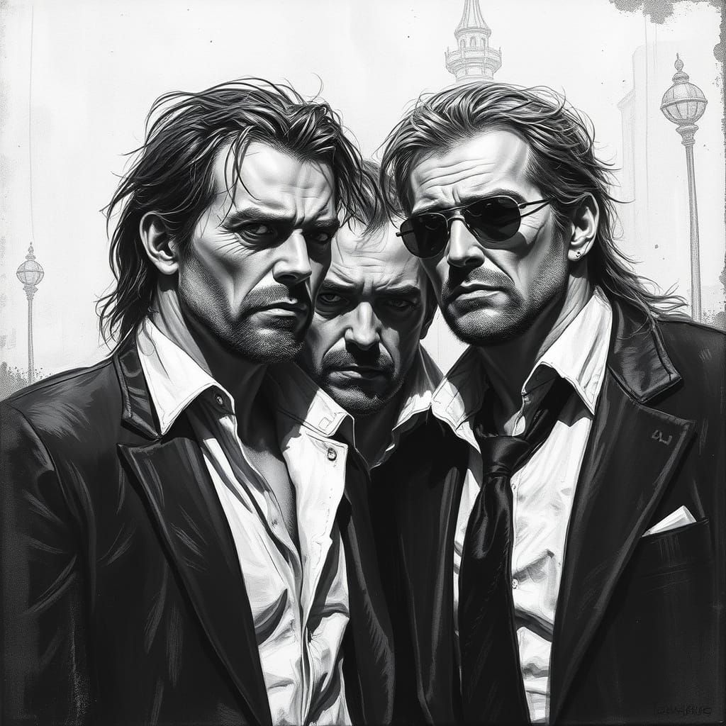 Powerful Men in Black and White Illustration