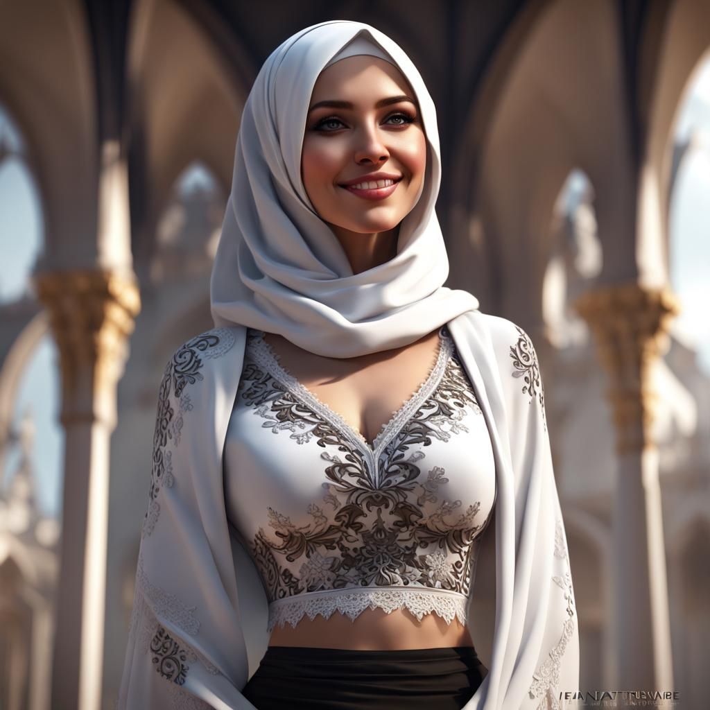 Young Woman in Hijab, Lace Bra: Detailed Matte Painting