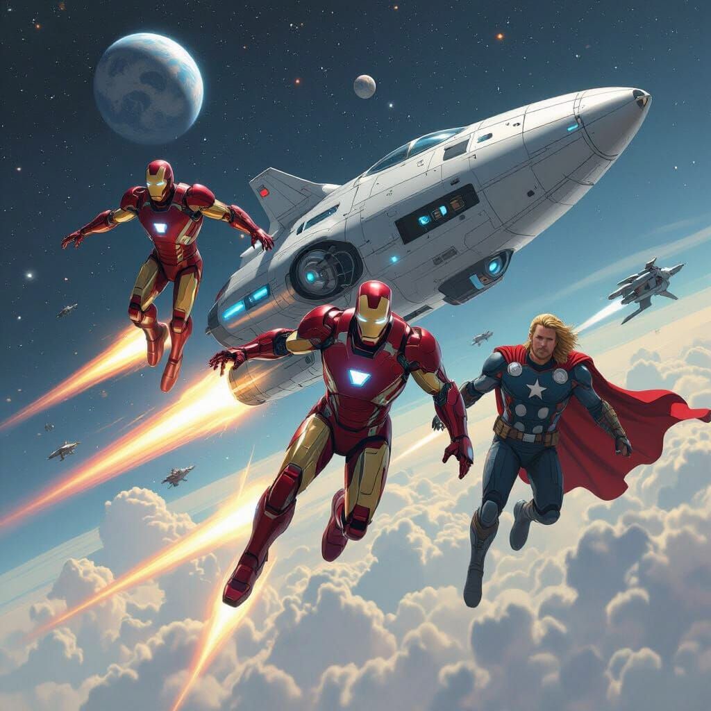 Avengers on Spacecraft in Dystopian Sci-Fi Style