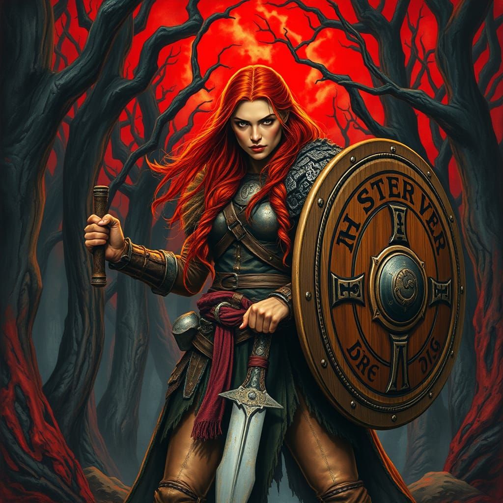 Fierce Female Viking Warrior in Dark Forest with Blood Red S...