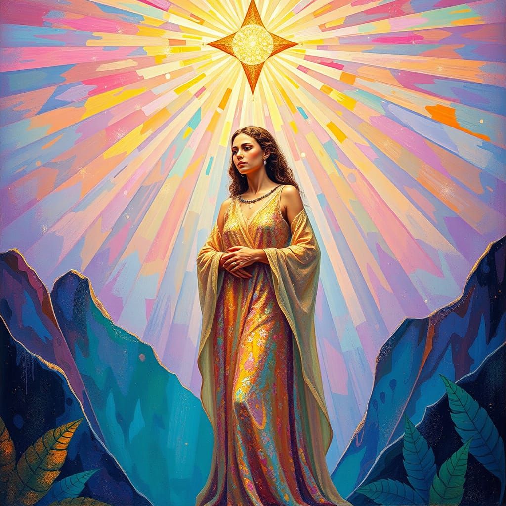 Luminous Being Embraces Woman in Psychedelic Landscape