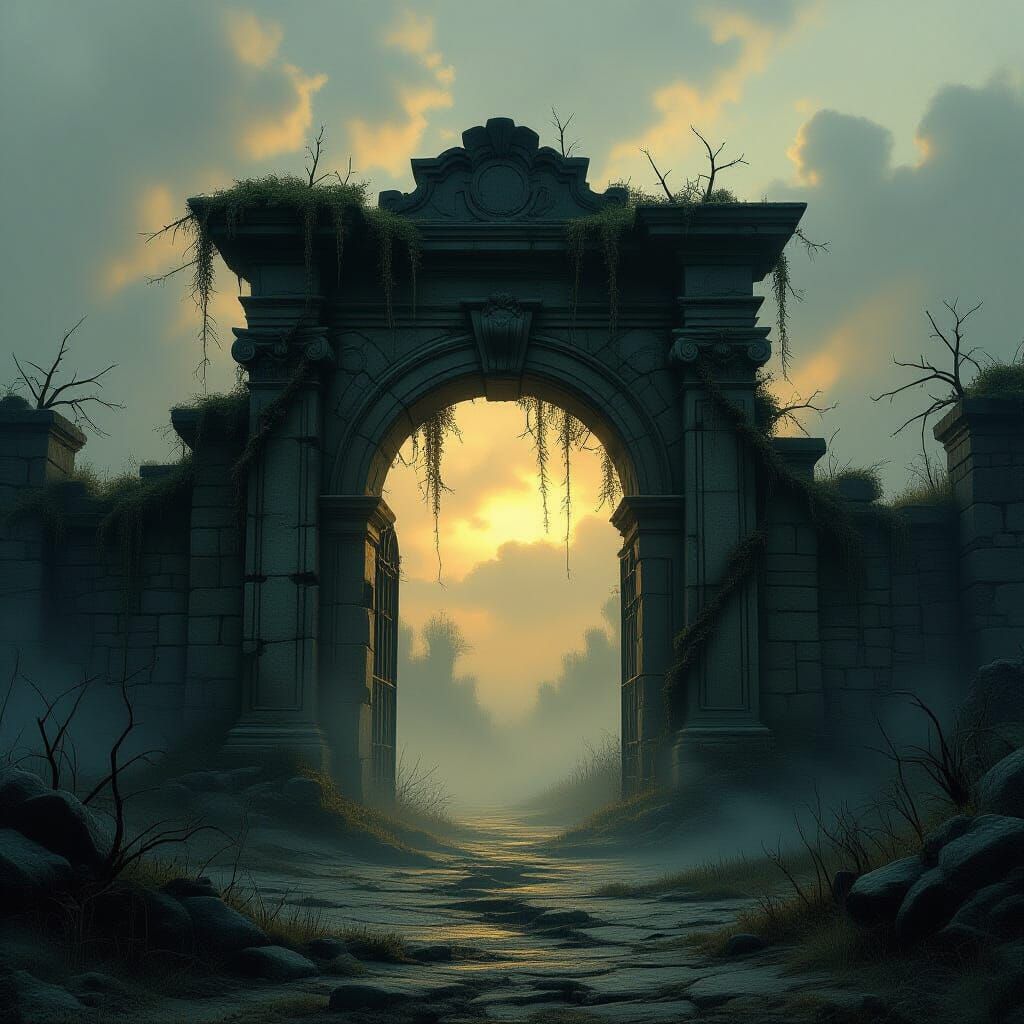 Ancient Stone Gate in Twilight Wasteland, Dark Fantasy Oil P...