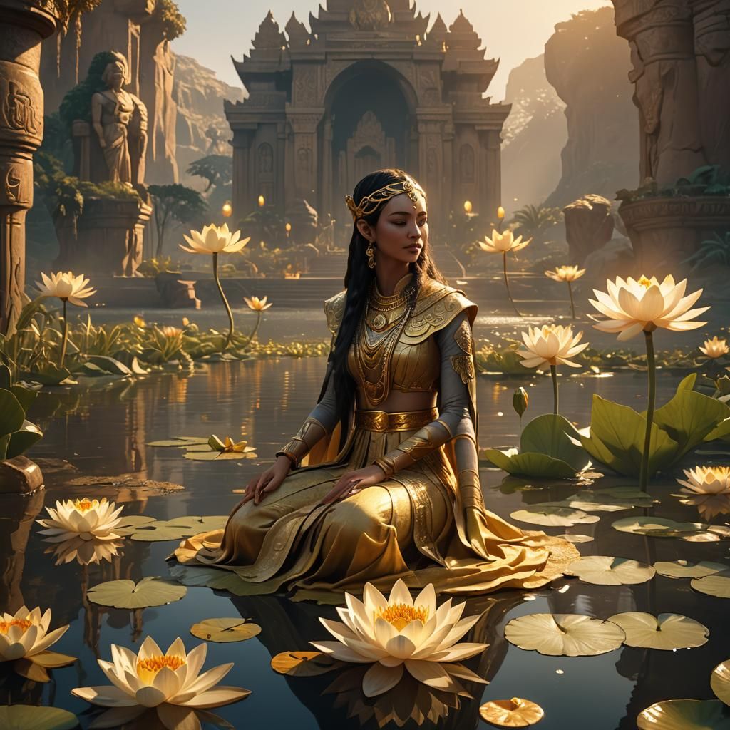 Mystical Golden Lotus in Nile River, Fantasy Art