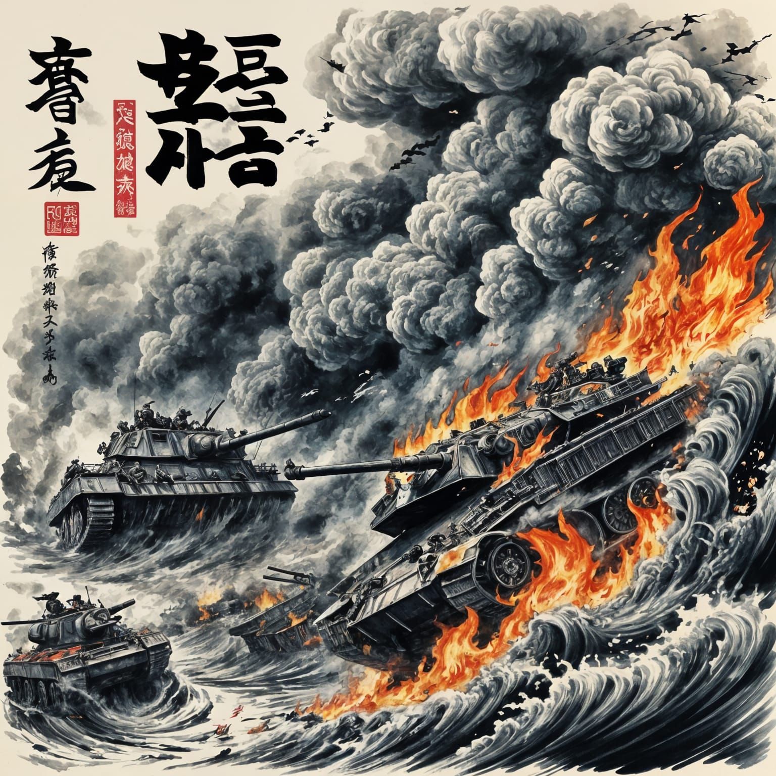 Japanese War Scene in Mixed-Style Ink Drawing