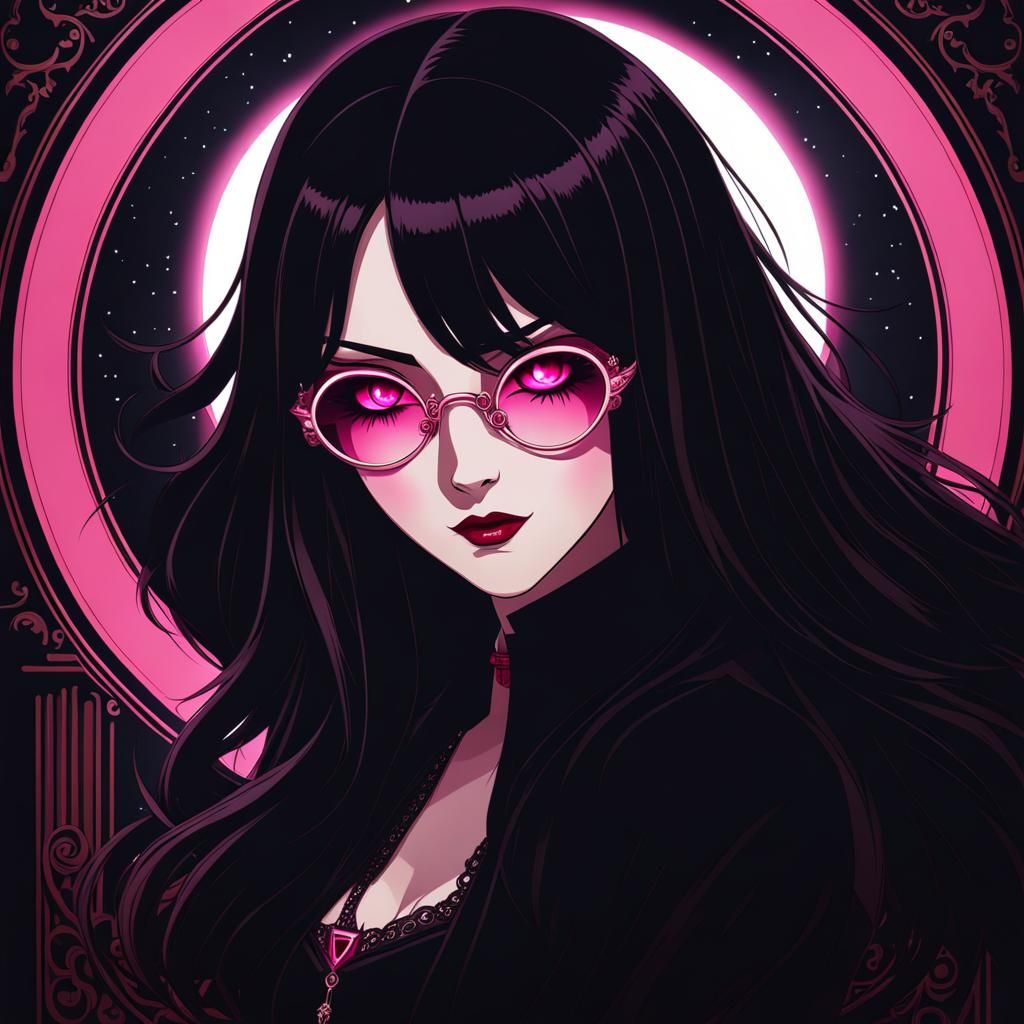 Anime Vampire Woman with Pink Eyes and Butler Glasses