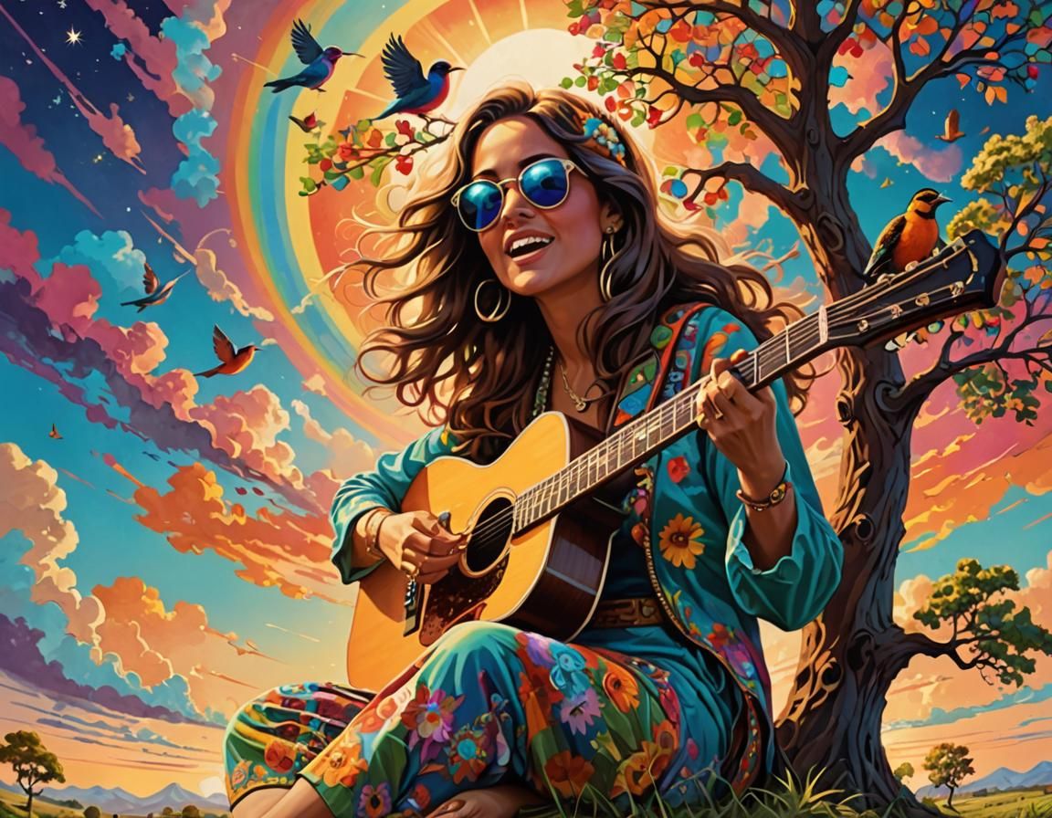 Hippie Woman Singing Under Psychedelic Tree
