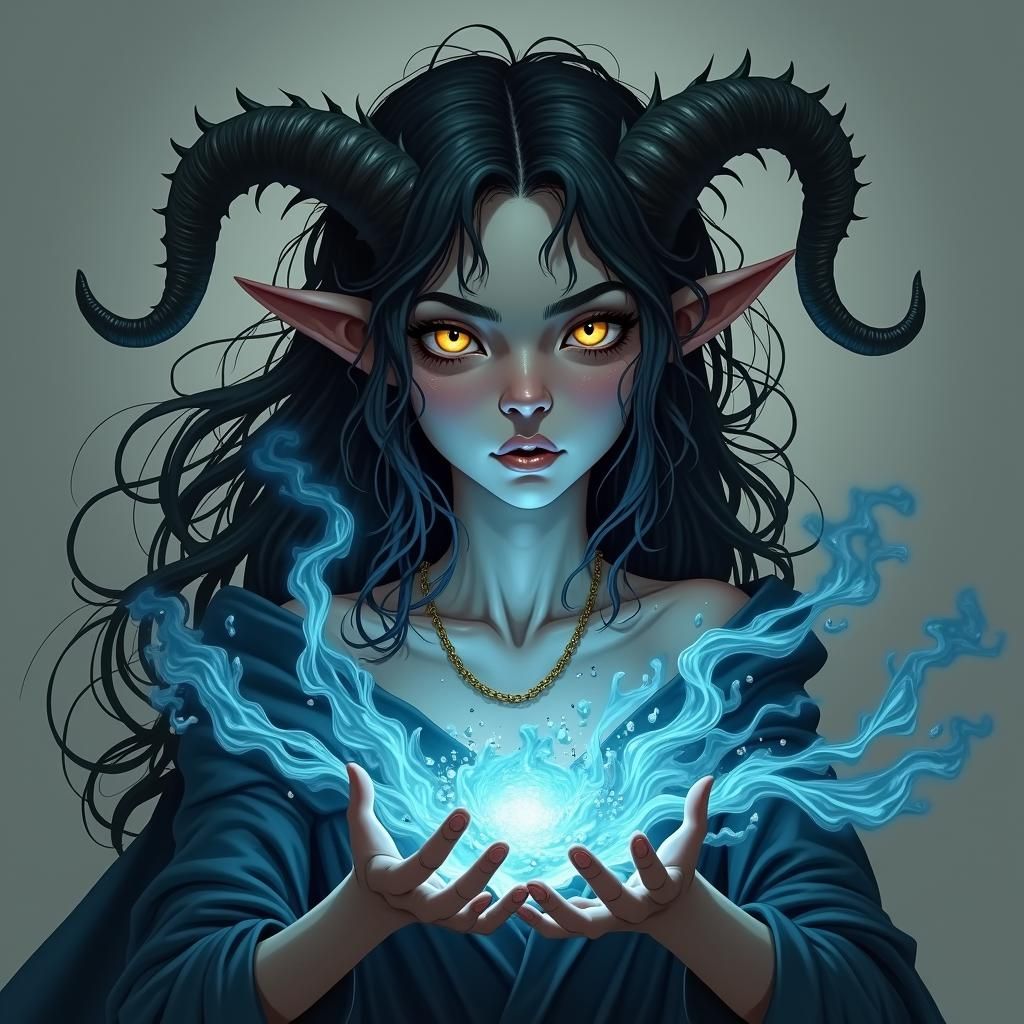 Tiefling Woman Conjuring Dark Ocean Magic