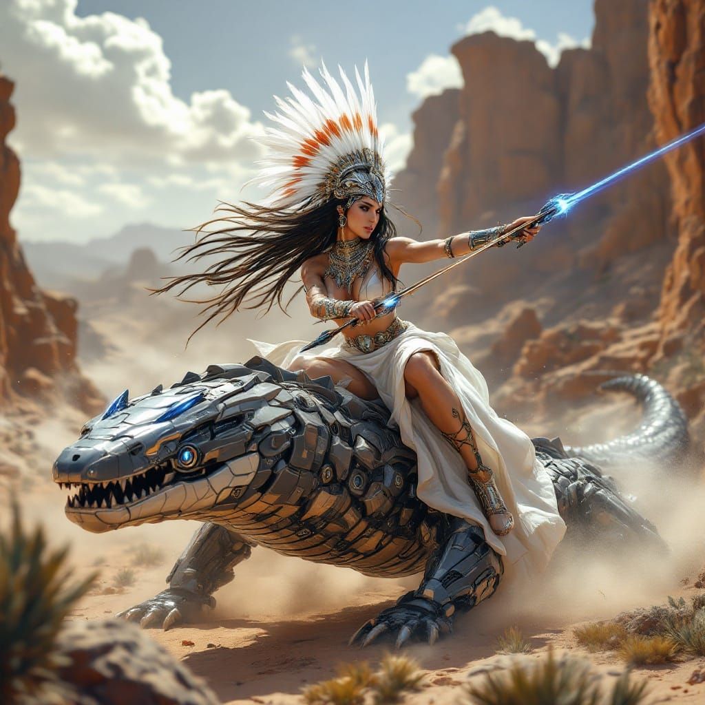 Cyberpunk Apache Goddess Wields Laser Arrows Amidst Fantasti...