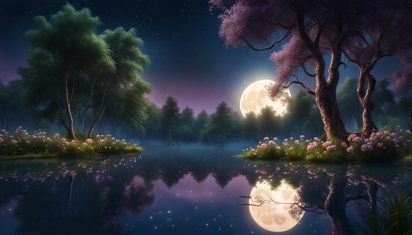 Magical Night Landscape with Galaxy and Full Moon