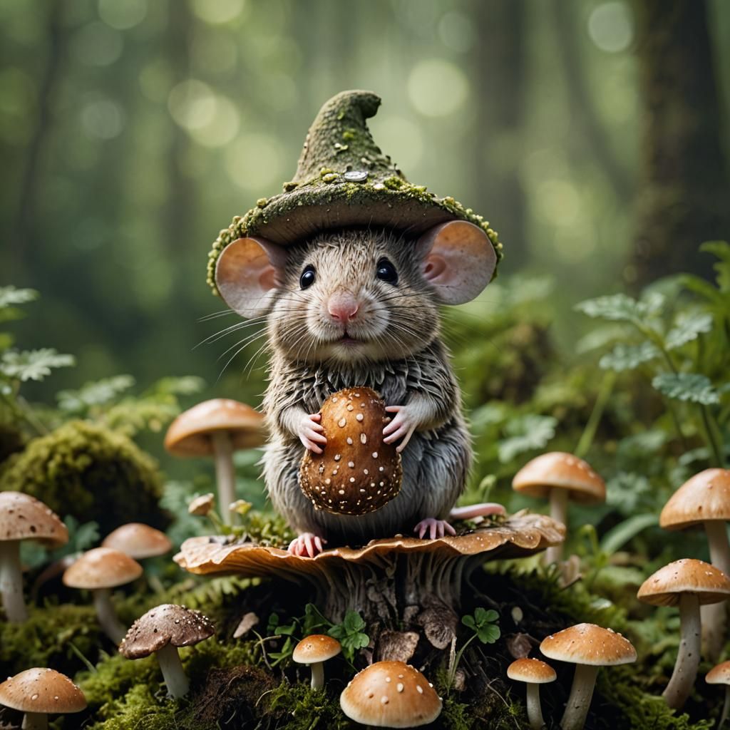 Chibi Mouse with Whimsical Beard on Mushroom
