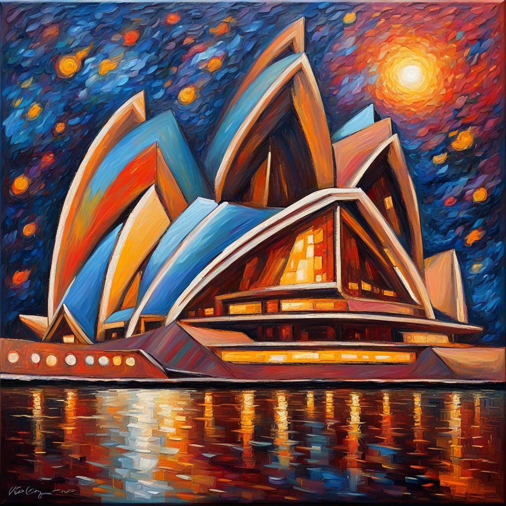 Opera House in Space: Neo-Impressionist Oil Painting