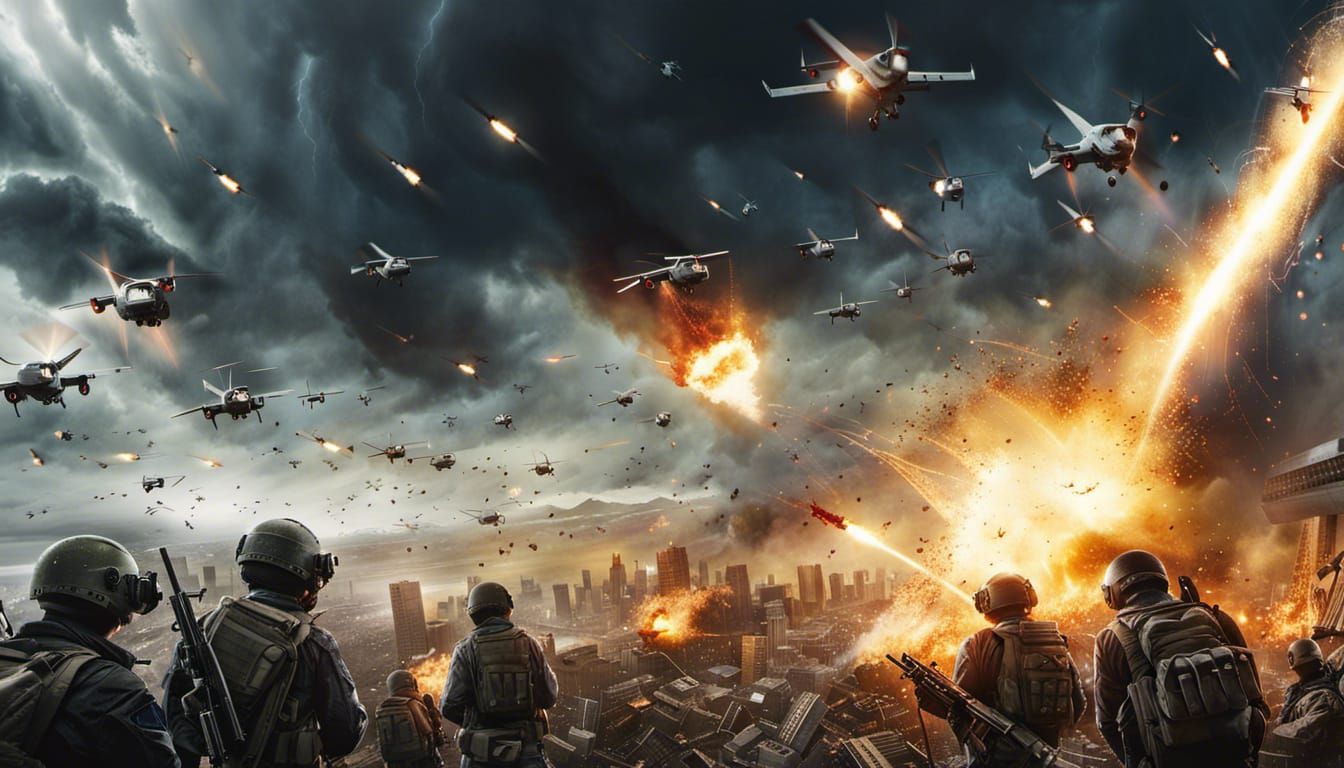 Dramatic Missiles Strike Drone Swarm: Sci-Fi Movie Poster