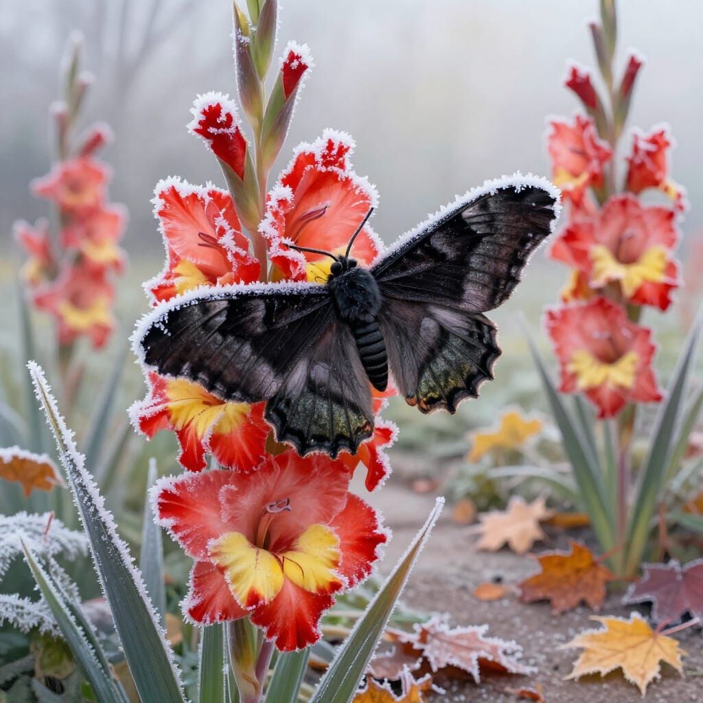 Velvety Moth on Frosty Gladiolus Blossoms
