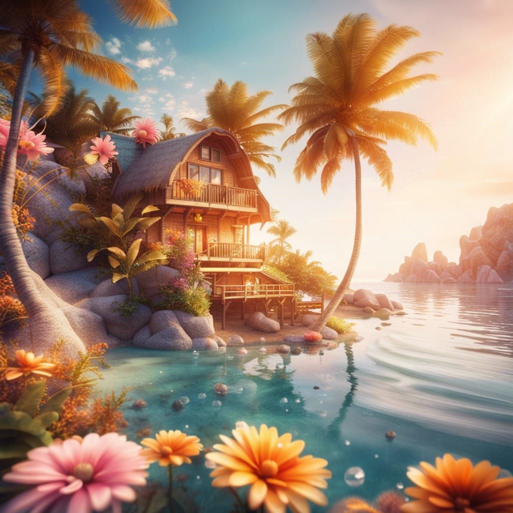 Fantasy Beach Paradise at Golden Hour