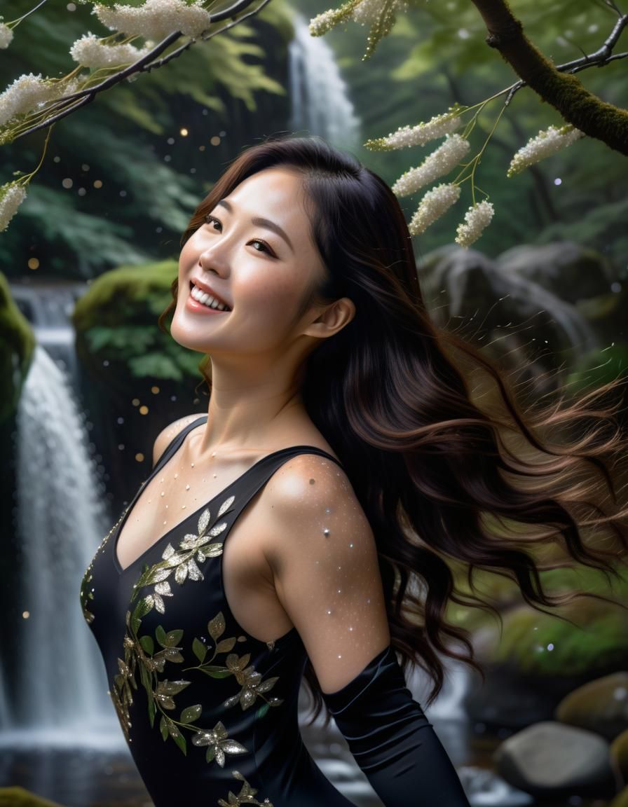 Korean Woman Dancing by Waterfall: Chiaroscuro Oil Painting