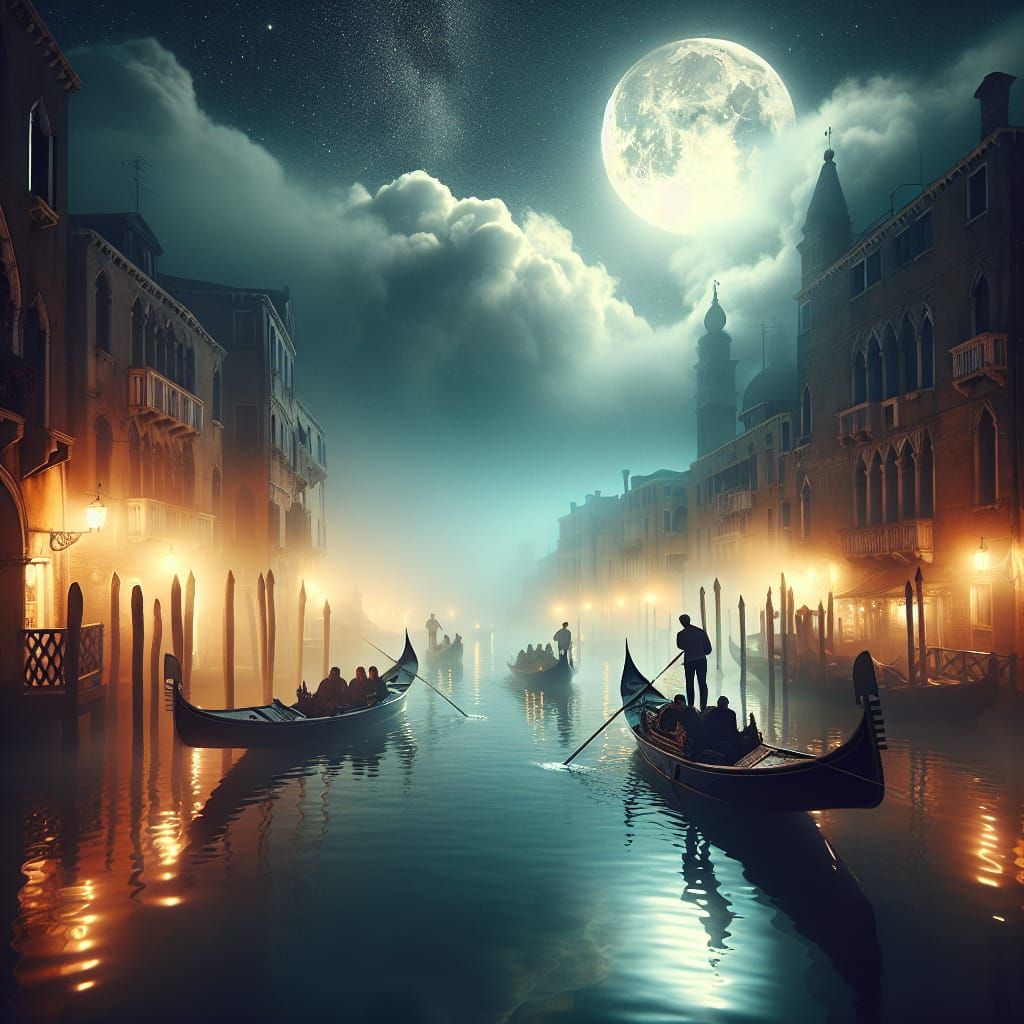 Moonlit Venice Canal Fog With Gondolas