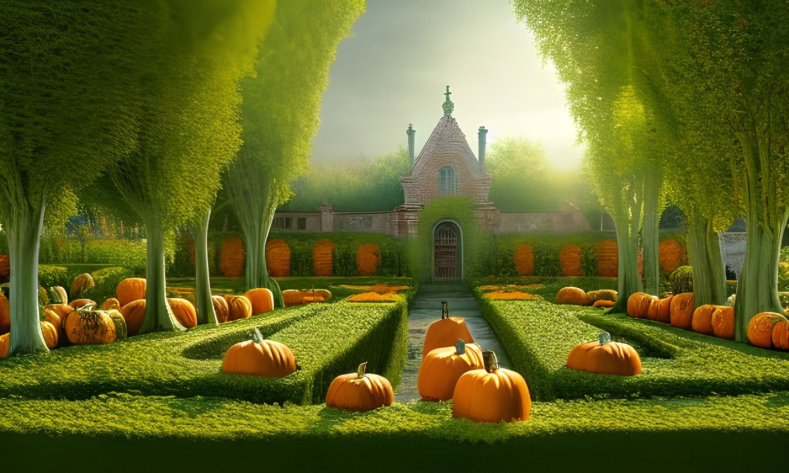 Ominous Pumpkin Garden with Candles, Wide-Angle View