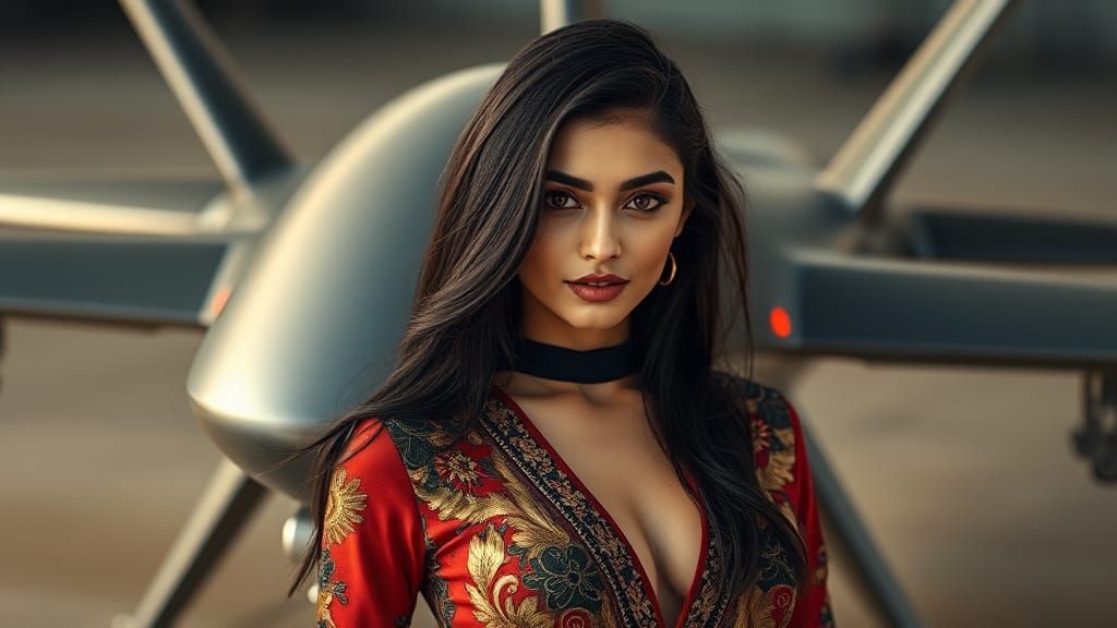 Confident Iranian Woman Poses with High-Tech Drone in Elegan...