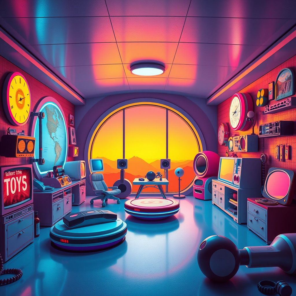 Retro-Futuristic Playroom in Vintage Travel Poster Style