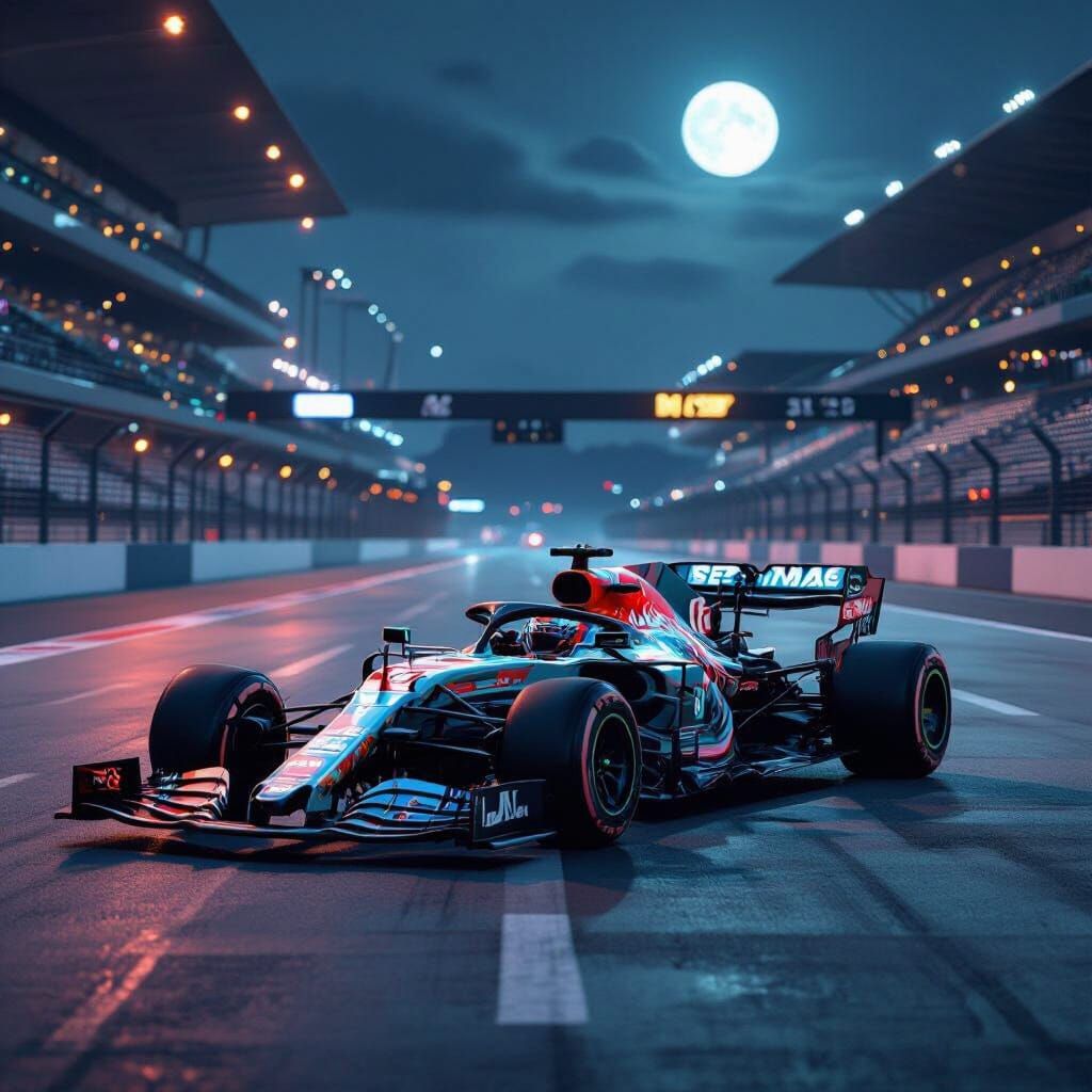 F1 Car Under Moonlight in a Futuristic Style