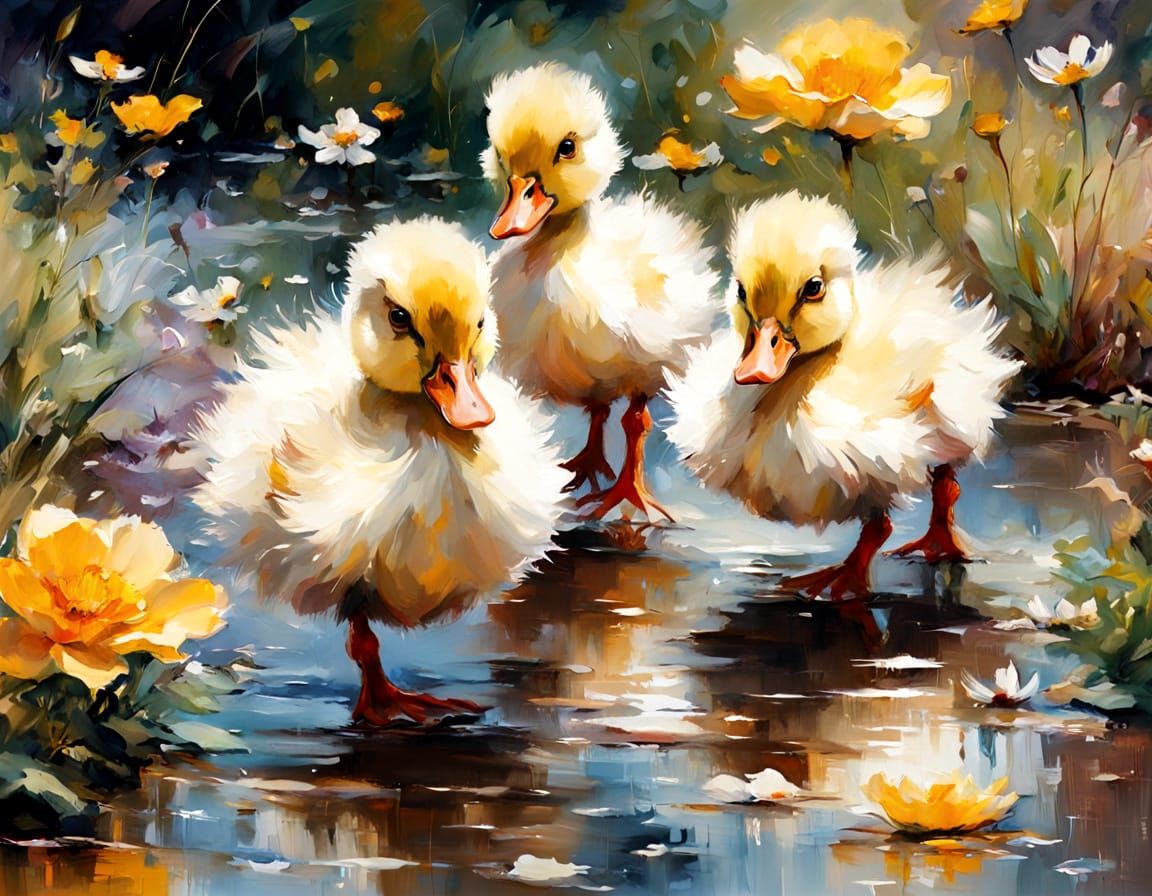 Ducklings in Wildflowers: An Expressionist Oil Painting