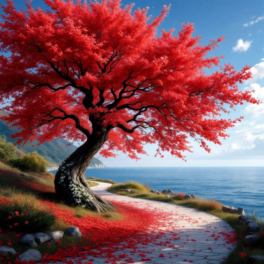 Red Maple Tree Silhouette Against Sea