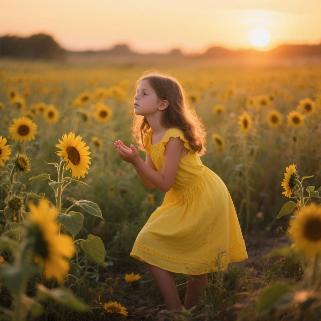 Girl in Yellow Sundress Curtsies in Sunflower Field at Sunse...