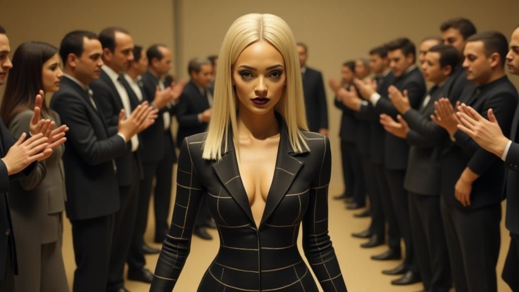 Confident Woman Striding Forward in Futuristic Style