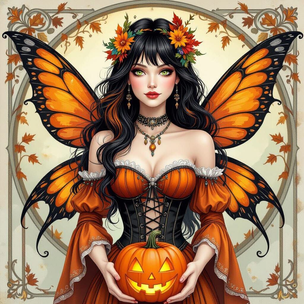 Autumn Fairy in Art Nouveau Style Holding Jack o Lantern