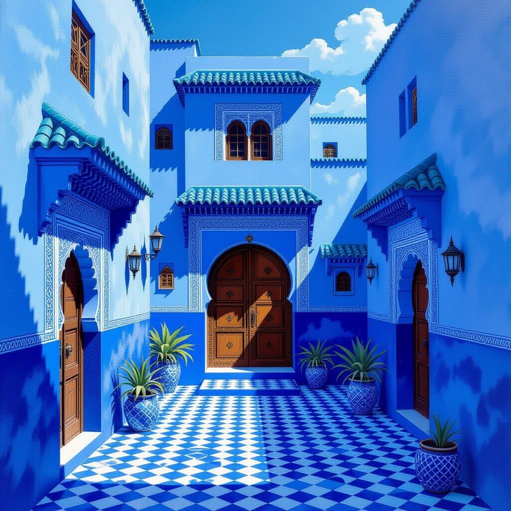 Surreal Blue Moroccan Cityscape in Magritte Style