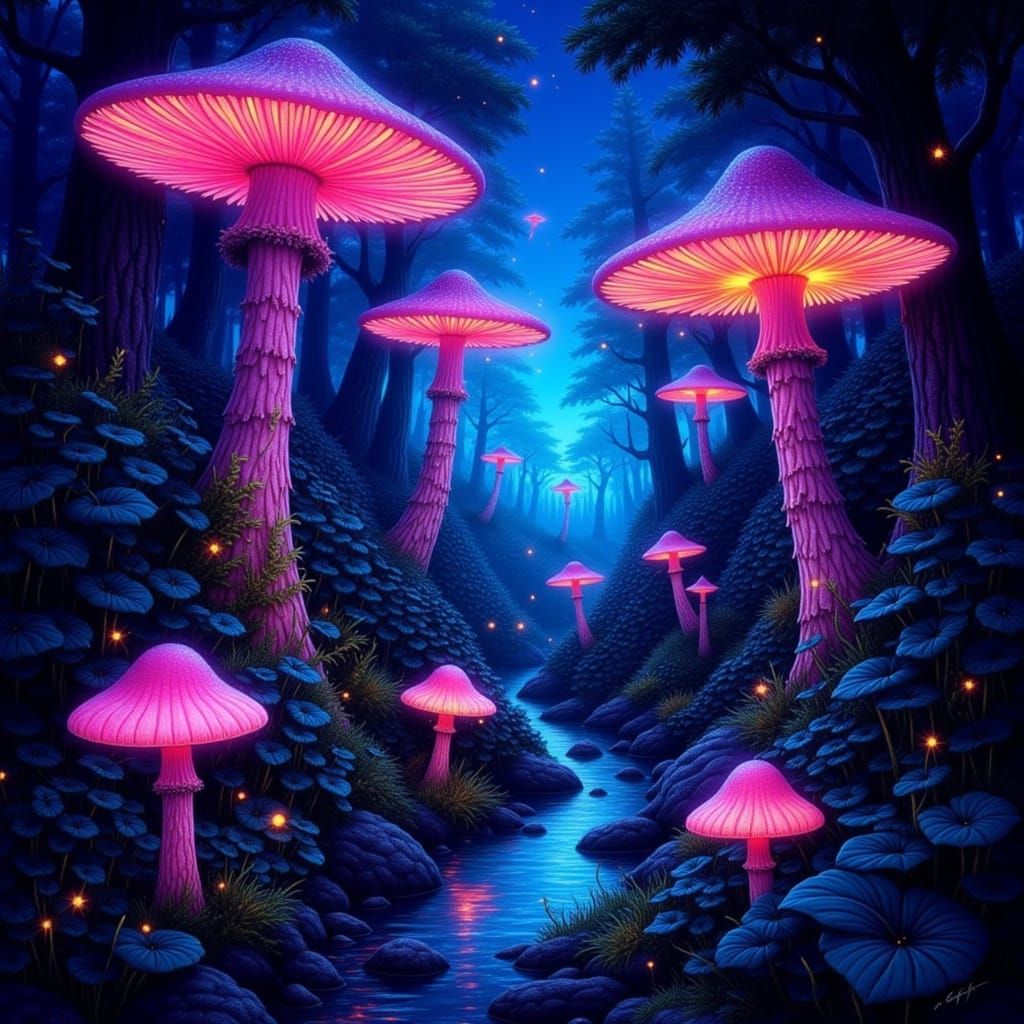 Bioluminescent Forest Twilight Watercolor Painting