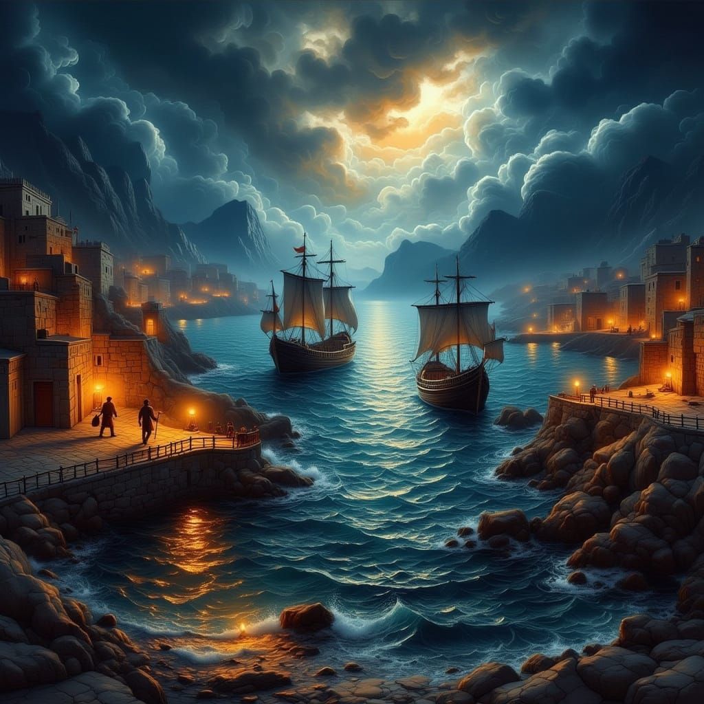 Stormy Phoenician Harbor at Night in Hyper-Realistic Style
