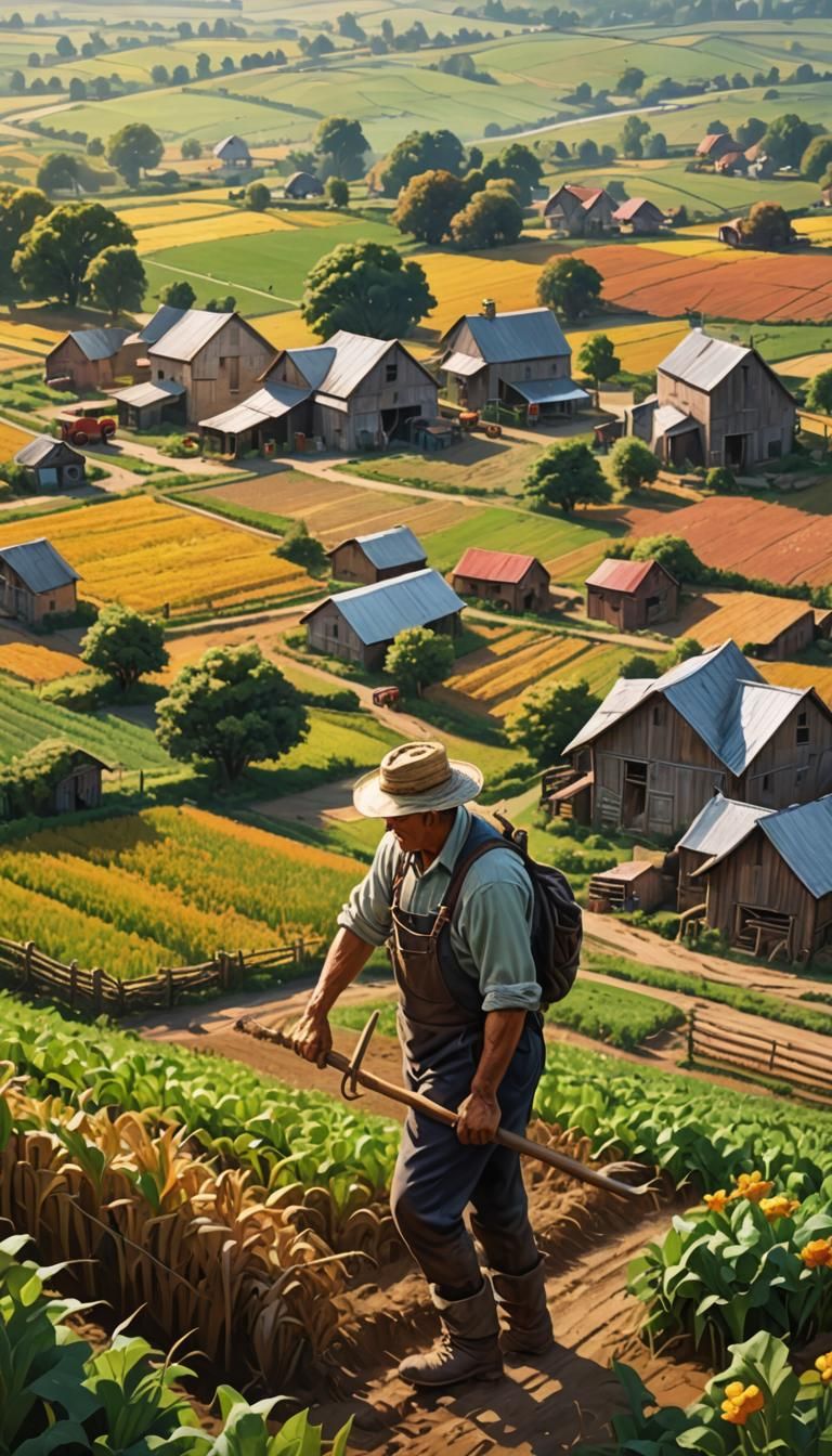 Hyperrealistic Village and Farmer in Colorful Fields
