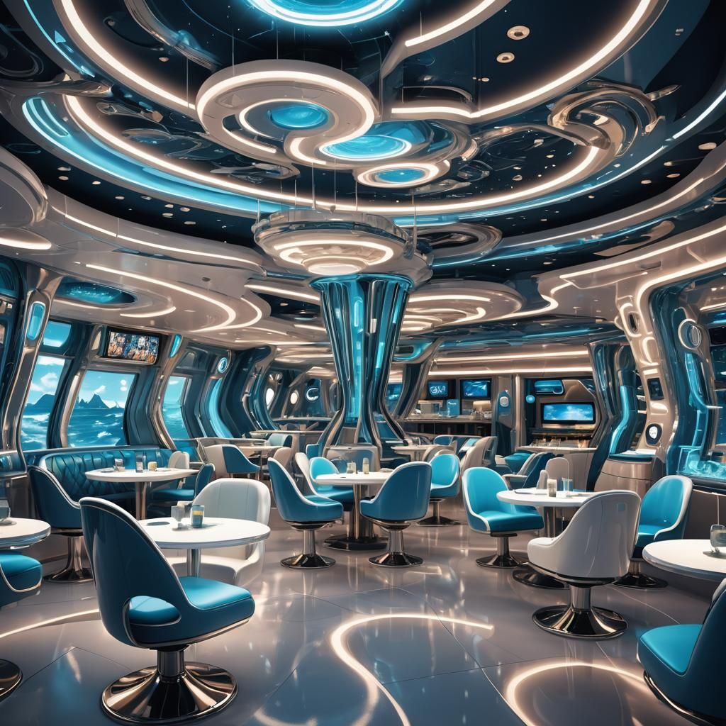 Futuristic Spaceship Restaurant with Ocean Blue Interior