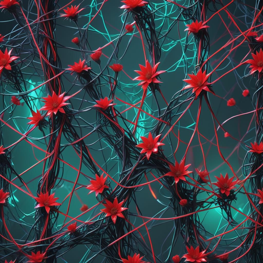 Neon String Maze with Scarlet Flowers
